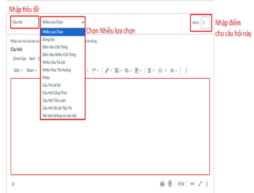 HƯỚNG DẪN TẠO CÁC DẠNG CÂU HỎI TRẮC NGHIỆM, ĐIÊN VÀO Ô TRỐNG, KHỚP… TRÊN CANVAS LMS